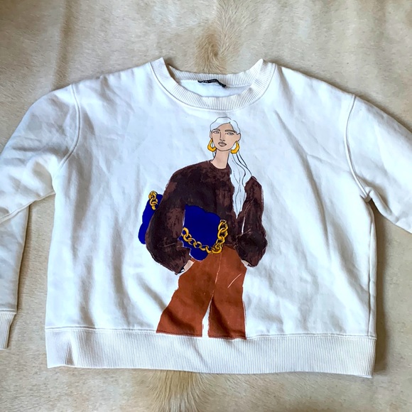 Zara Tops - ZARA Cream & Brown Graphic Lady Sweatshirt
